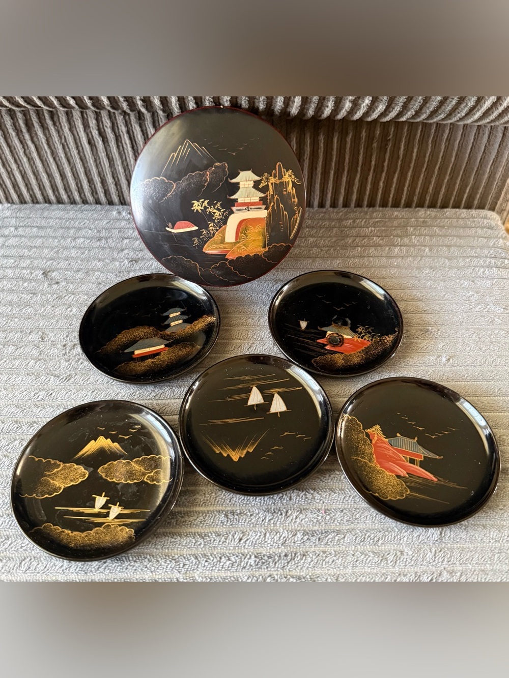 Lot of 5 VTG Black and Gold Lacquered Asian Scenic Coasters Set Sake Dishes